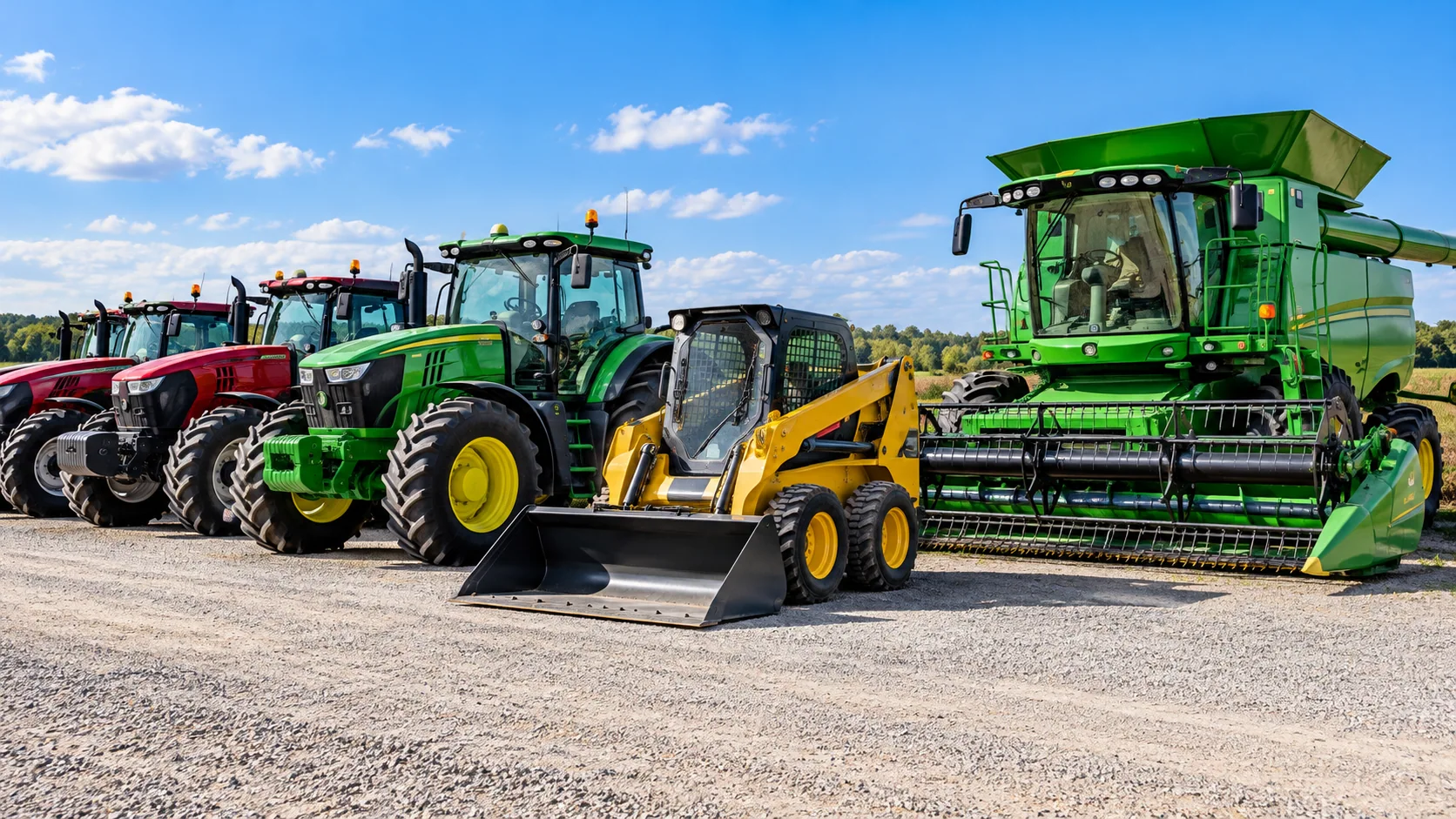 Tractors, harvester and loader at a farm equipment site